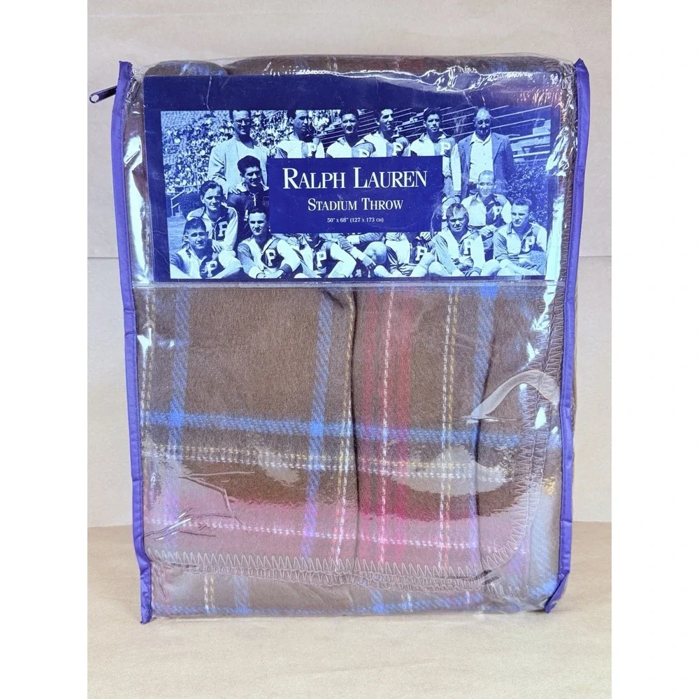 Vintage RALPH LAUREN Stadium Throw Blanket HUNT Plaid 50x68 Original Package